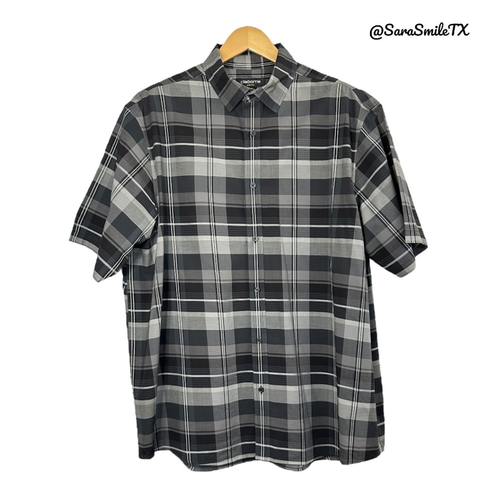 CLAIBORNE Stretch Black & Gray Plaid Short Sleeve Button Down Shirt